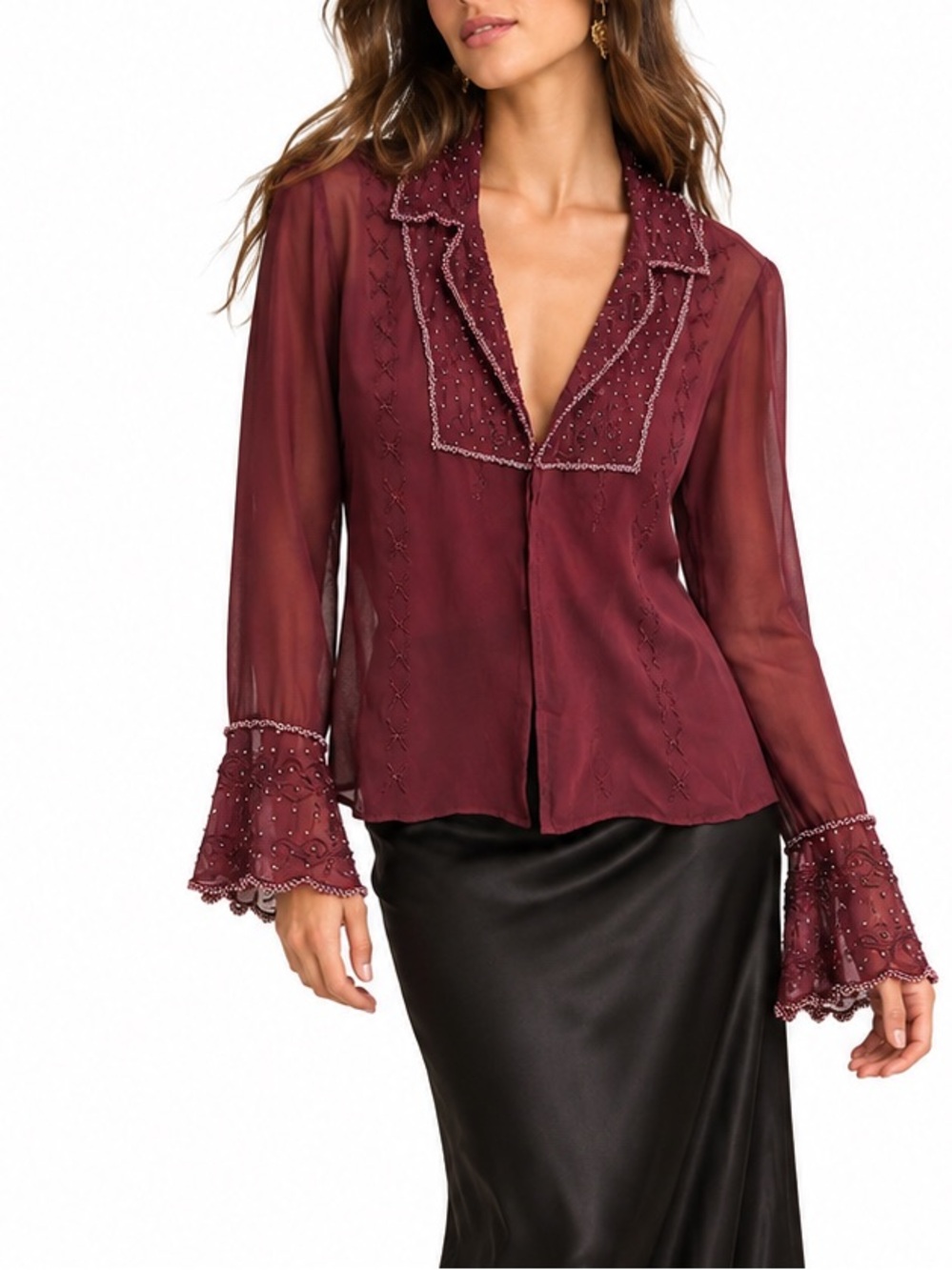 Spenser Jeremy Vintage Silk Blouse Size 6 Burgundy Beaded Embroidered Sheer Y2K